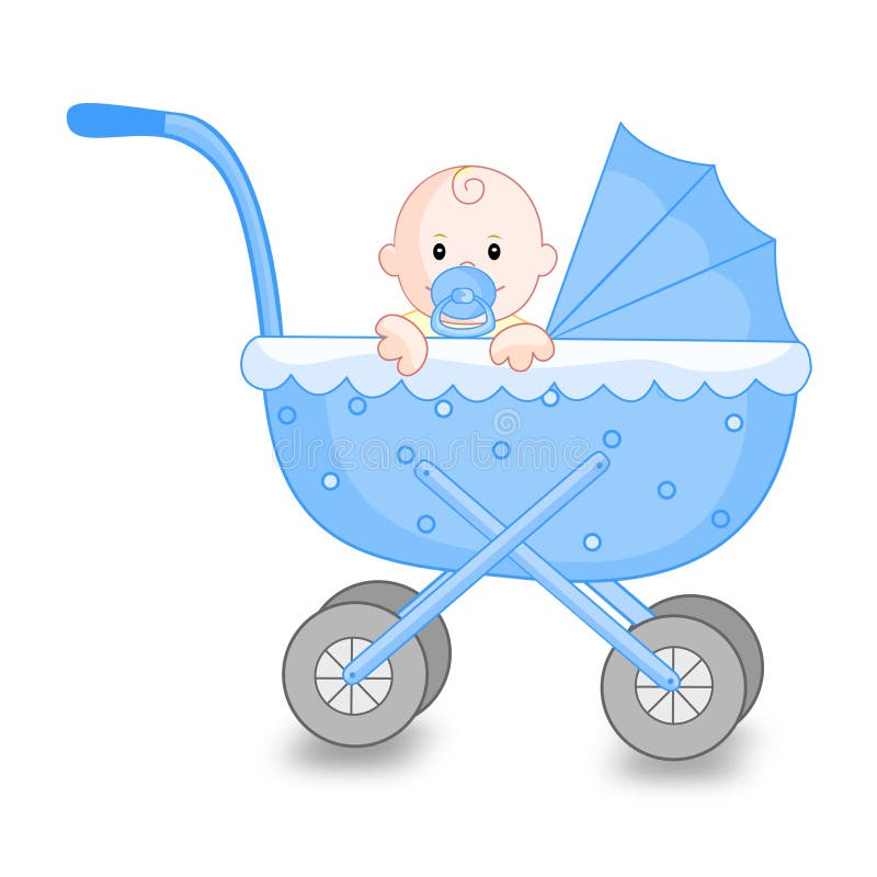 Baby boy sitting in a cute blue carriage illustration isolated on white background. Baby boy sitting in a cute blue carriage illustration isolated on white background
