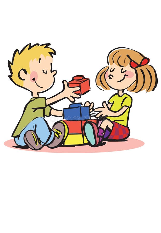 Happy boy and girl playing with bricks and smile. Happy boy and girl playing with bricks and smile