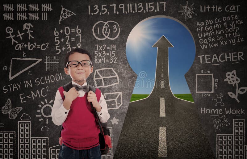Boy student and road to success through a keyhole with written blackboard. Boy student and road to success through a keyhole with written blackboard