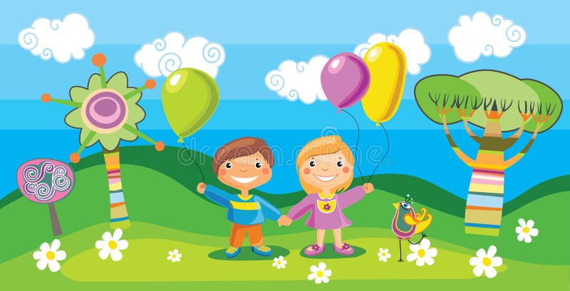 Chłopiec i dziewczyna z balony ilustracji Chłopiec i dziewczyna z balony ilustracji