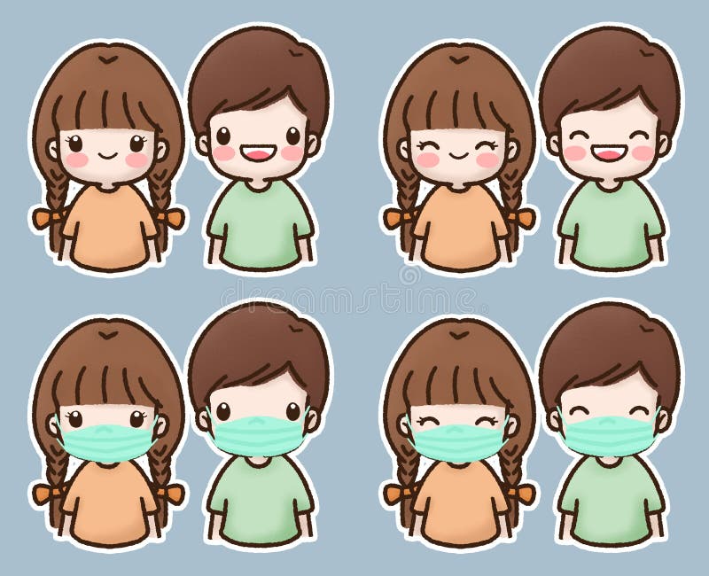 Boy and girl cute cartoon drawing wearing protective mask for prevent virus Covid-19. Boy and girl cute cartoon drawing wearing protective mask for prevent virus Covid-19