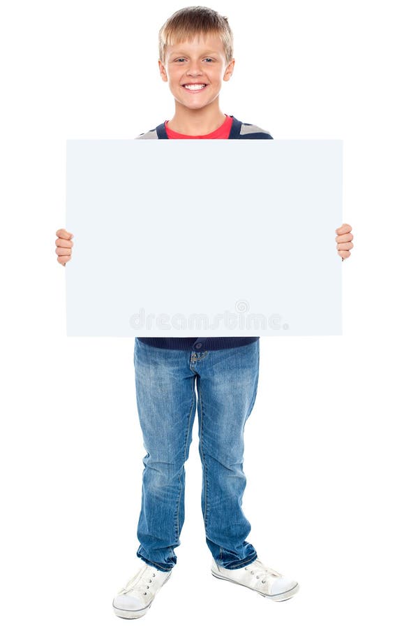 Chłopiec mienia pustego miejsca whiteboard zdjęcie stock