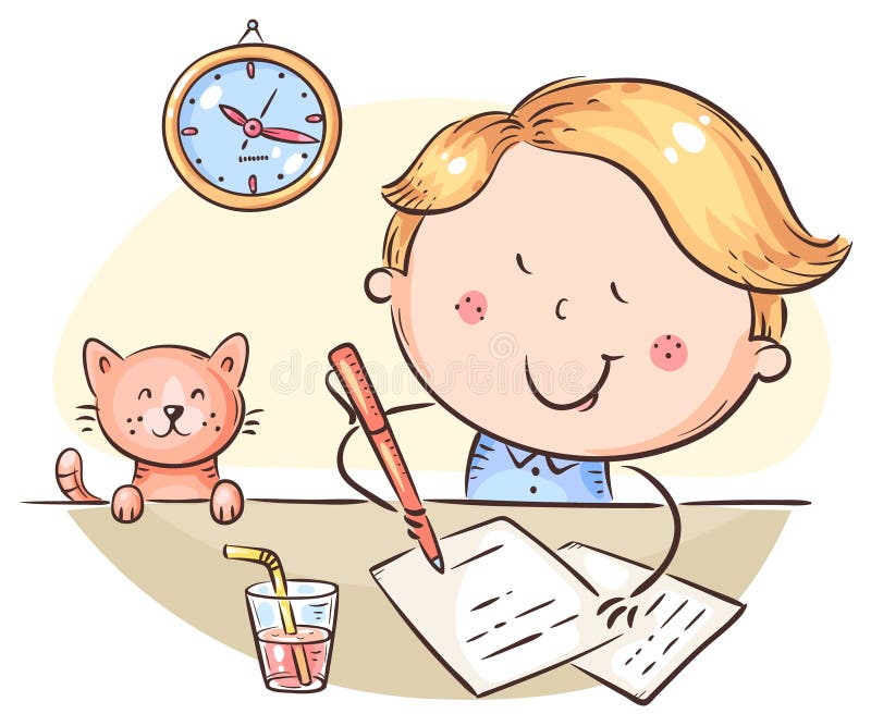 Chłopiec piszący list lub robiący pracę domową przy biurku