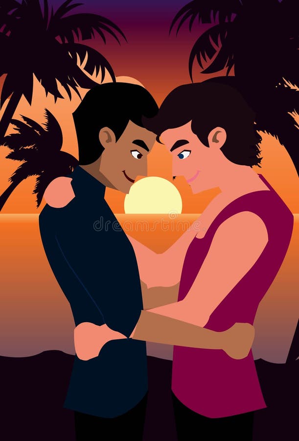 An image of two gay men hugging in a park at sunset. An image of two gay men hugging in a park at sunset