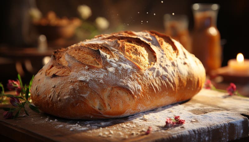 Ciabatta, casalinga di legno, appena cotta, sul tavolo di legno generato dall'ai illustrazione vettoriale