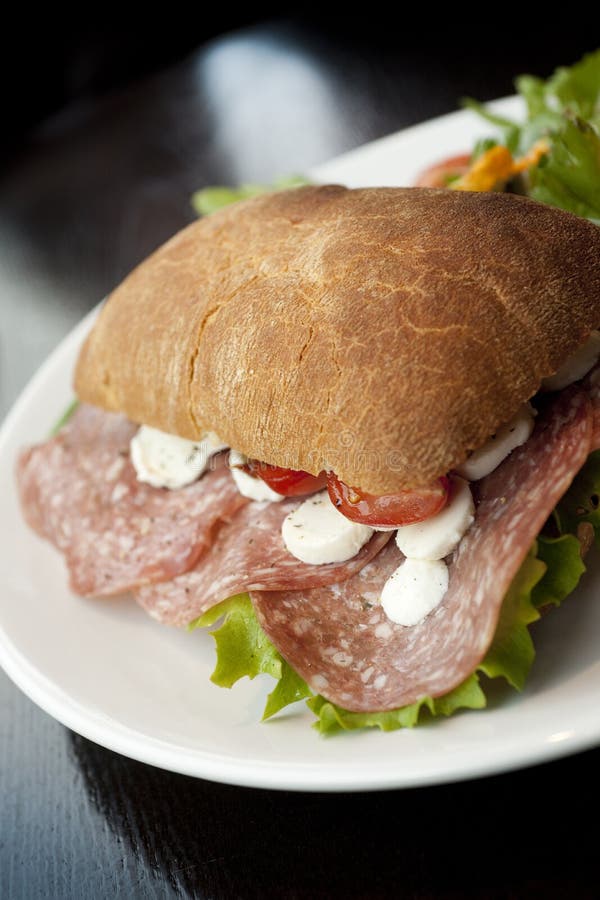 Ciabatta Italiana Di Stile Con Salame, Mozzarella, Pomodori Ed Insalata ...