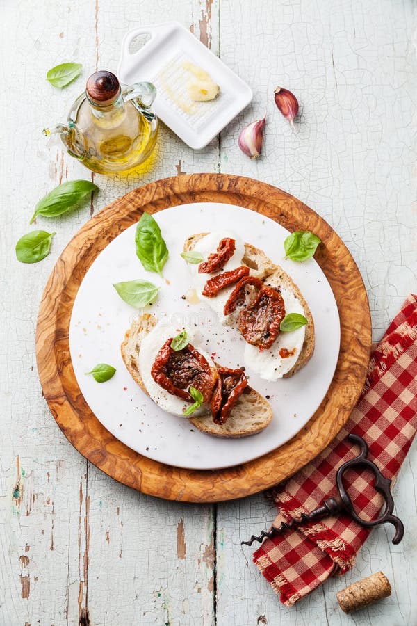 Ciabatta with Mozzarella and Sun Dried Tomatoes Stock Image Image of