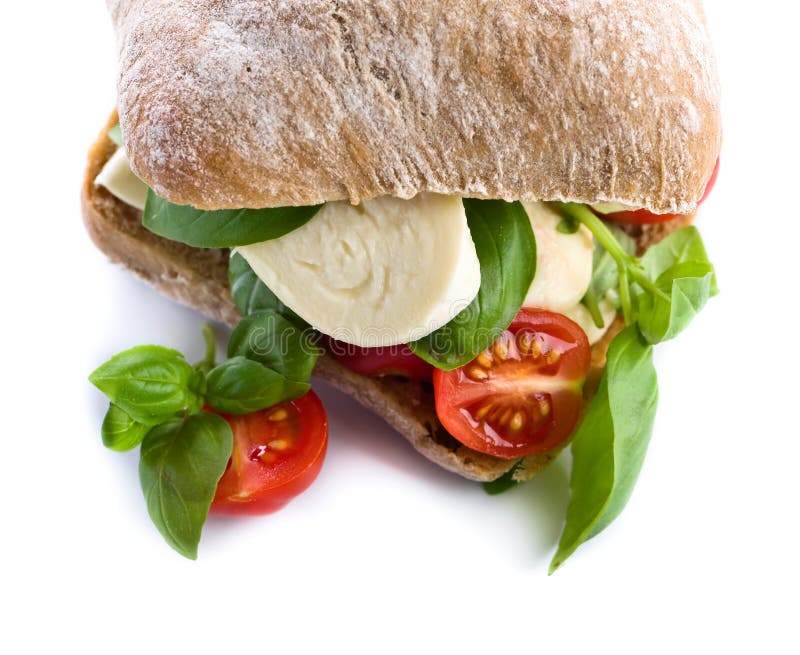 Ciabatta with Mozzarella, Tomato and Basil on White Stock Photo Image