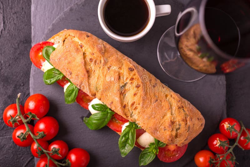 Ciabatta Sandwich with Caprese Salad with Wine and Coffee. Stock Image ...