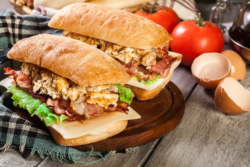 Ciabatta Sandwich with Smoked Bacon and Eggs Stock Image Image of