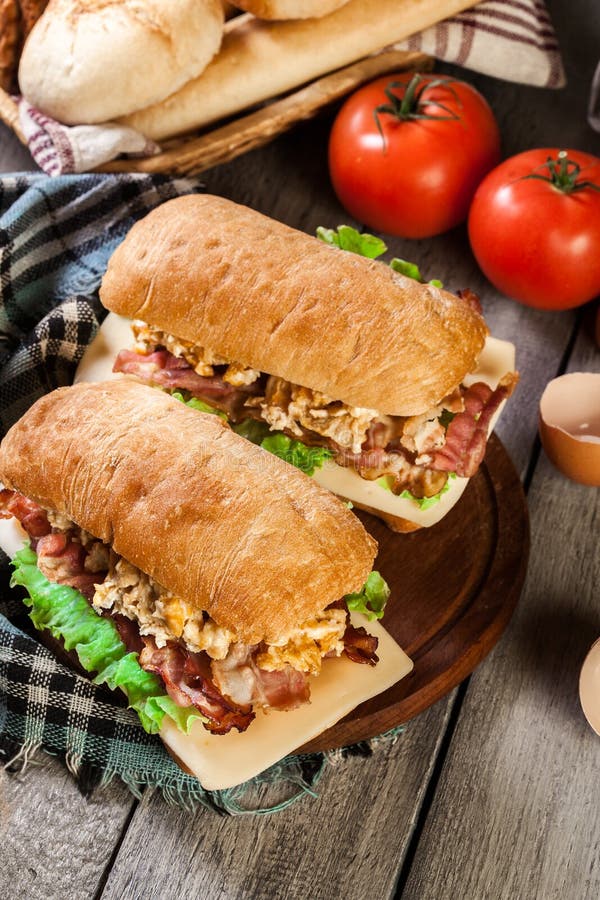 Ciabatta Sandwich with Smoked Bacon and Eggs Stock Photo Image of