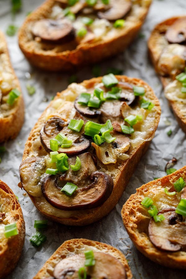 Ciabatta Toast with Mozzarella Cheese and Champignons Sprinkled with ...