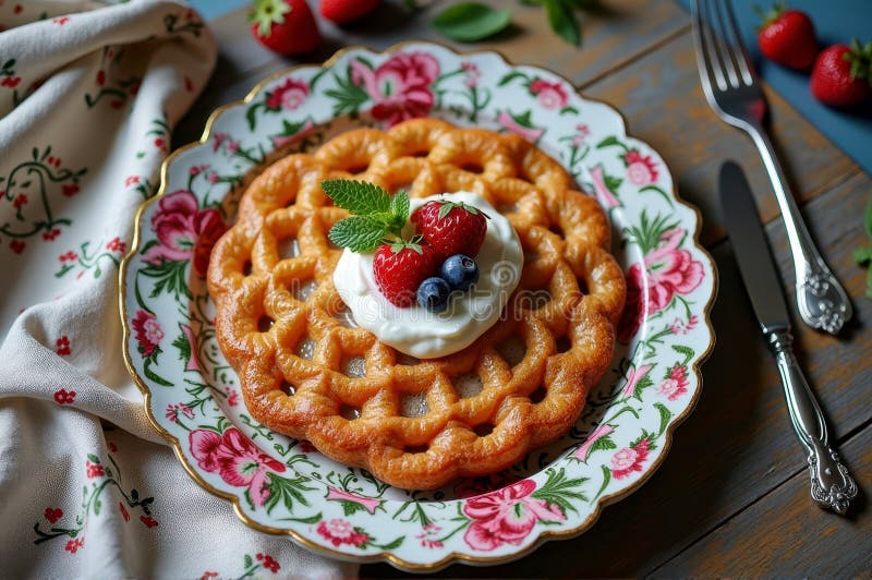Cialde belga deliziose con panna e bacche fresche su piastra di floreale immagini stock