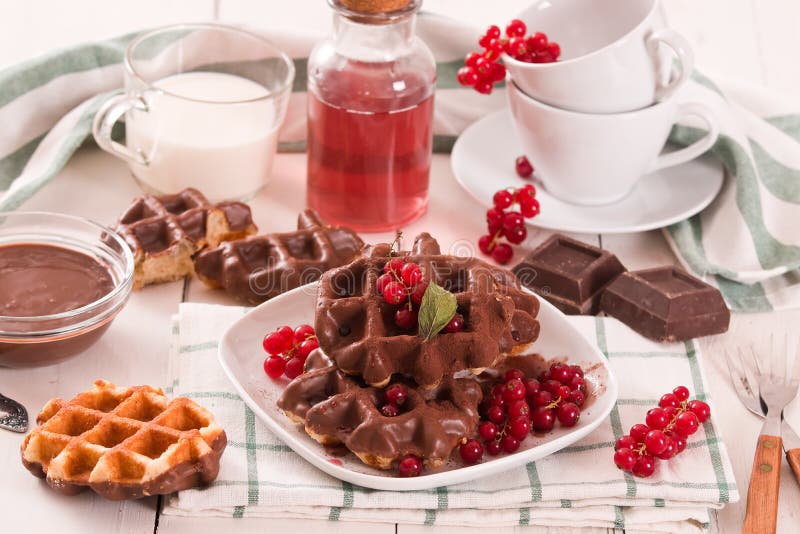 Cialde con farina di cioccolato di ribes rosso e crema di nocciole. fotografia stock libera da diritti