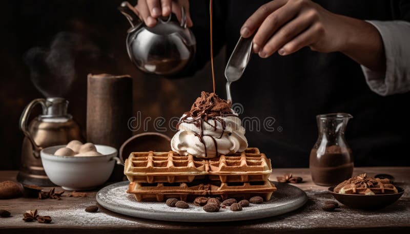 Cialde di cioccolato cotte di fresco impilate su piastra generata da ai illustrazione vettoriale