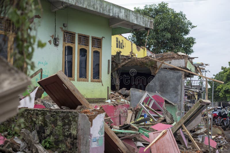 Cianjur, West Java, Indonesia - November 24 2022: Homes were damaged triggered by the 5.6 magnitude earthquake that killed at