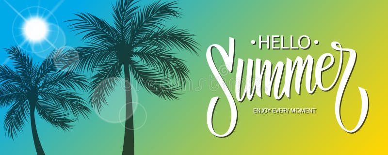 Ciao insegna di estate con progettazione disegnata a mano del testo dell'iscrizione Sun e siluetta delle palme Fondo di estate illustrazione di stock Ciao insegna di estate con progettazione disegnata a mano del testo dell'iscrizione Sun e siluetta delle palme Fondo di estate illustrazione di stock