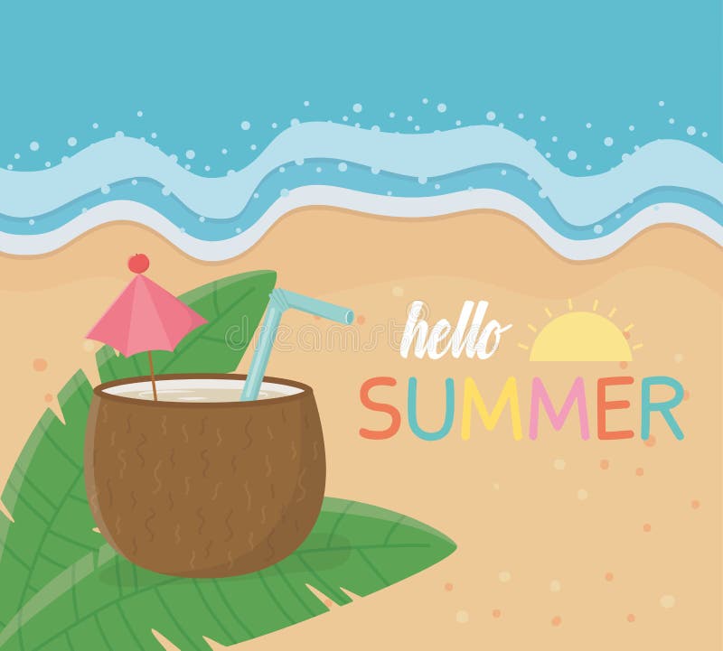 Ciao manifesto di estate con la scena della spiaggia ed il cocktail della noce di cocco illustrazione di stock Ciao manifesto di estate con la scena della spiaggia ed il cocktail della noce di cocco illustrazione di stock