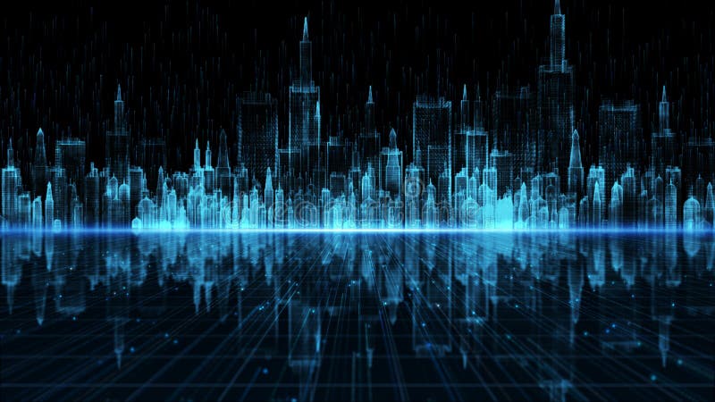 Ciberespacio digital de ciudad digital con partículas y el concepto de fondo de conexiones de red de datos digitales stock de ilustración