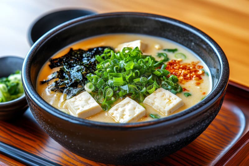 Generazione di aiuti : cibi giapponesi zuppa di miso che conforta il calore unisce pasta di soia fermentata a alghe di tofu e a scallioni