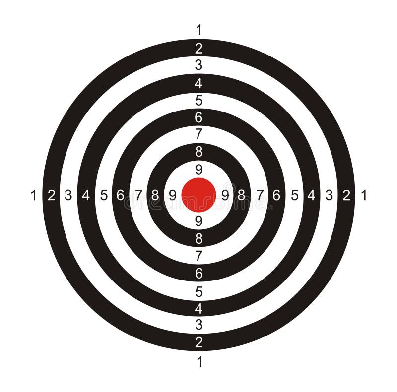 The illustration representing the drawn black-and-white target with the red center for game in a darts on a white background. The illustration representing the drawn black-and-white target with the red center for game in a darts on a white background