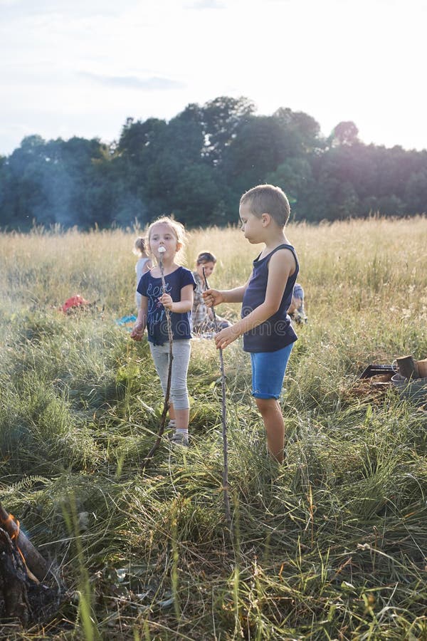 Cibo dei bambini caramelle gommosa e molle dopo la torrefazione loro sopra un fuoco di accampamento fotografia stock libera da diritti Cibo dei bambini caramelle gommosa e molle dopo la torrefazione loro sopra un fuoco di accampamento fotografia stock libera da diritti