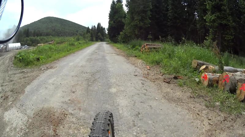 Ciclismo do motociclista de MTB ao longo da estrada de terra na floresta, Bieszczady, Polônia