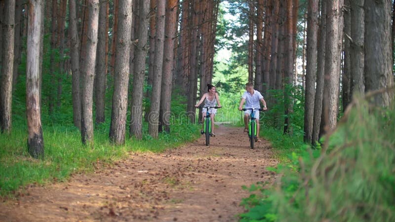 Ciclismo feliz dos pares no trajeto na floresta do pinho