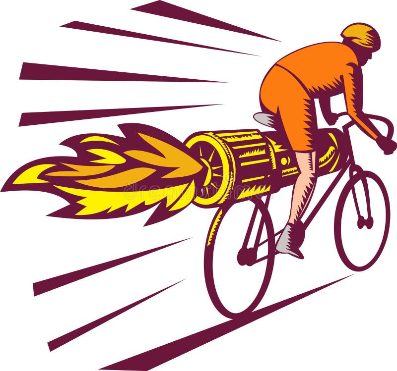 Illustration of a Cyclist racing with jet engine on bicycle isolated on white woodcut style. Illustration of a Cyclist racing with jet engine on bicycle isolated on white woodcut style