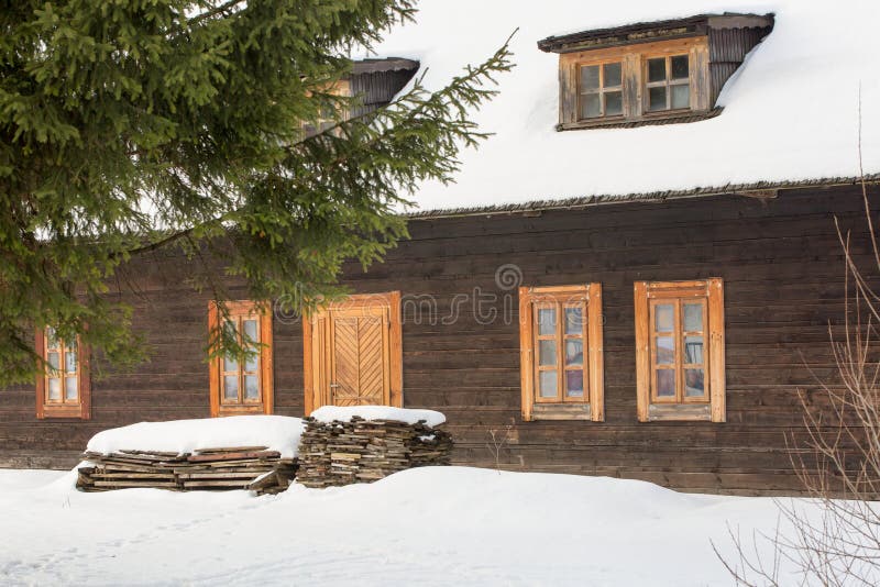 Cicmany, Slovakia. Old wooden houses in Slovakia village Cicmany in winter. The ornaments from Cicmany, and the Slovak folk patter