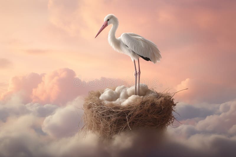 A surreal scene of a solitary stork standing in a nest perched atop clouds, with the backdrop of a soft, pink-hued sunset sky. Digital backdrop for newborn photography composite. AI generated. A surreal scene of a solitary stork standing in a nest perched atop clouds, with the backdrop of a soft, pink-hued sunset sky. Digital backdrop for newborn photography composite. AI generated