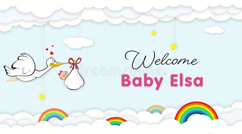 Stork carrying newborn baby elsa with clouds and rainbows themed banner can be used in baby shower parties.High Quality Image.Can be printed. Stork carrying newborn baby elsa with clouds and rainbows themed banner can be used in baby shower parties.High Quality Image.Can be printed