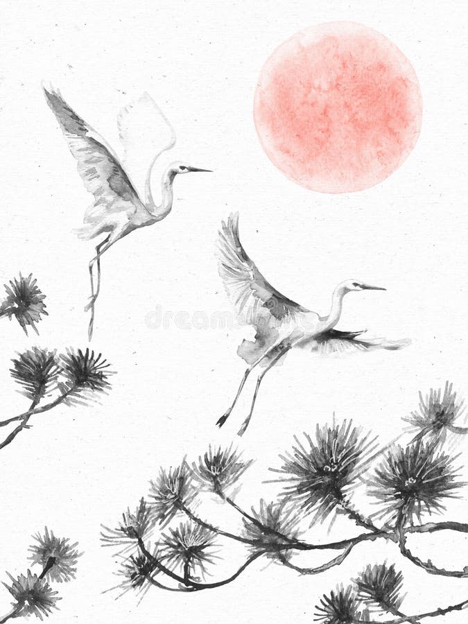 Cicogne di volo, rami del pino ed alba illustrazione vettoriale Cicogne di volo, rami del pino ed alba illustrazione vettoriale