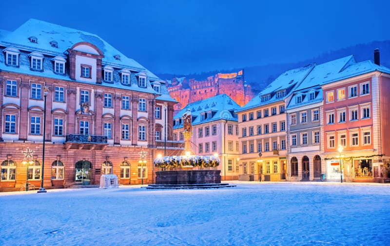 Medieval german old town Heidelberg white with snow in winter, Germany. Medieval german old town Heidelberg white with snow in winter, Germany