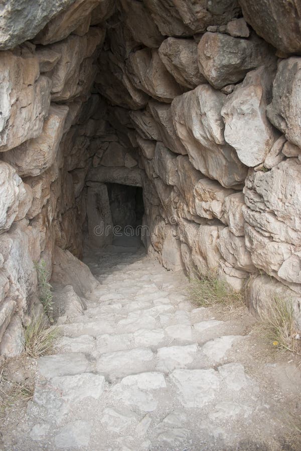 Ancient ruined tunnel, Mycenae city, Peloponnese, Greece. Ancient ruined tunnel, Mycenae city, Peloponnese, Greece