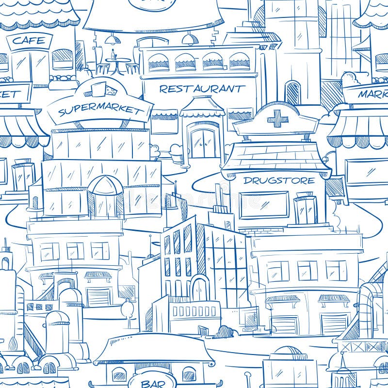 City with hand drawn buildings vector doodle urban panorama seamless background. Panorama of street with restaurant and cafe, building of supermarket and drugstore on street illustration. City with hand drawn buildings vector doodle urban panorama seamless background. Panorama of street with restaurant and cafe, building of supermarket and drugstore on street illustration