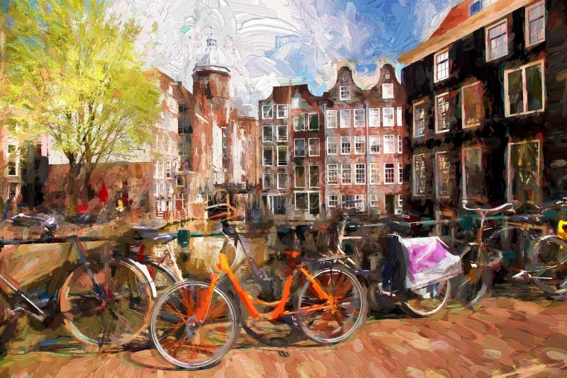 Cidade de Amsterdão na Holanda, arte finala no estilo da pintura fotos de stock Cidade de Amsterdão na Holanda, arte finala no estilo da pintura fotos de stock