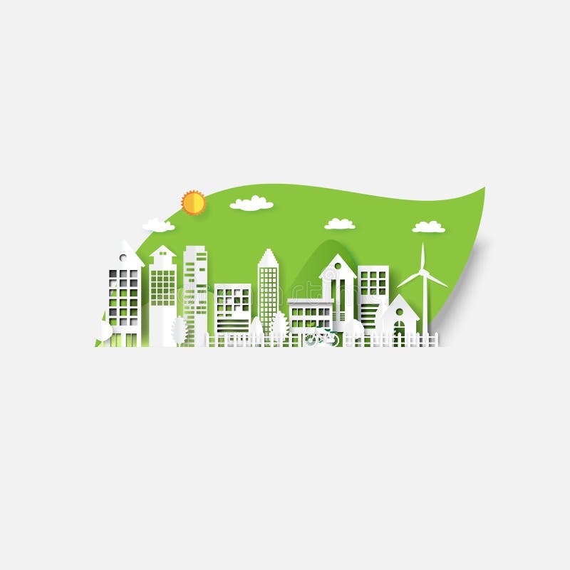 Cidade de Eco no fundo verde da folha ilustração stock Cidade de Eco no fundo verde da folha ilustração stock