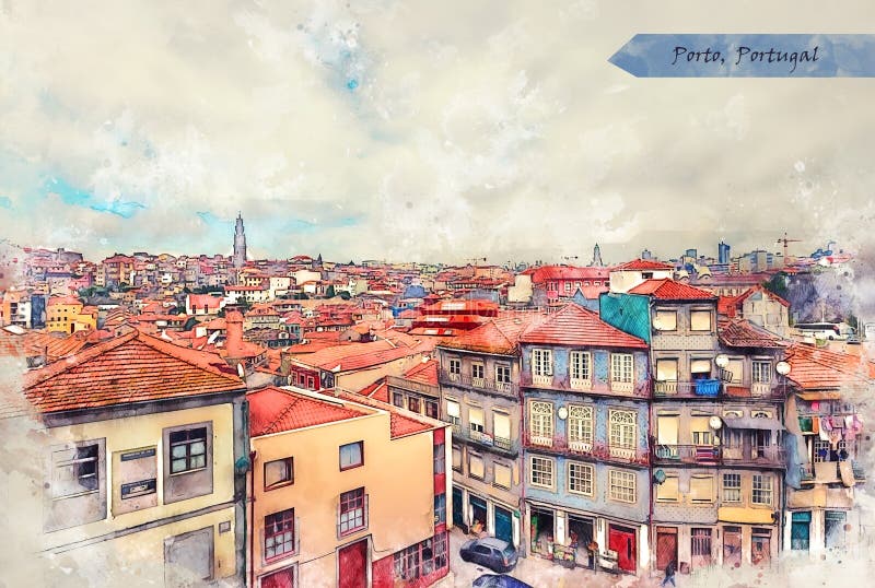 Cidade De Porto Portugal Em Estilo De Esboço Ilustração Stock