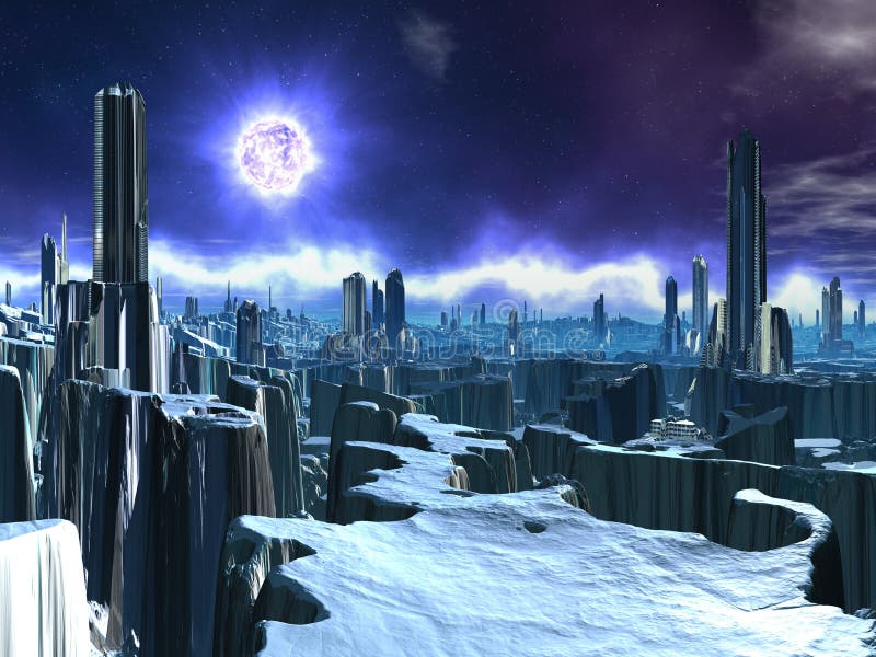 Cidade estrangeira abandonada com Sun de morte ilustração do vetor Cidade estrangeira abandonada com Sun de morte ilustração do vetor