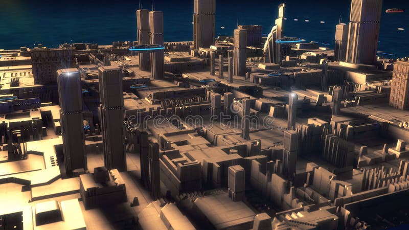 Cidade futurista e naves espaciais ilustração do vetor Cidade futurista e naves espaciais ilustração do vetor
