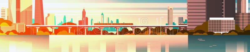 Cidade no panorama urbano do por do sol com arranha-céus e arquitetura da cidade altos do metro sobre a bandeira horizontal do fu ilustração do vetor Cidade no panorama urbano do por do sol com arranha-céus e arquitetura da cidade altos do metro sobre a bandeira horizontal do fu ilustração do vetor