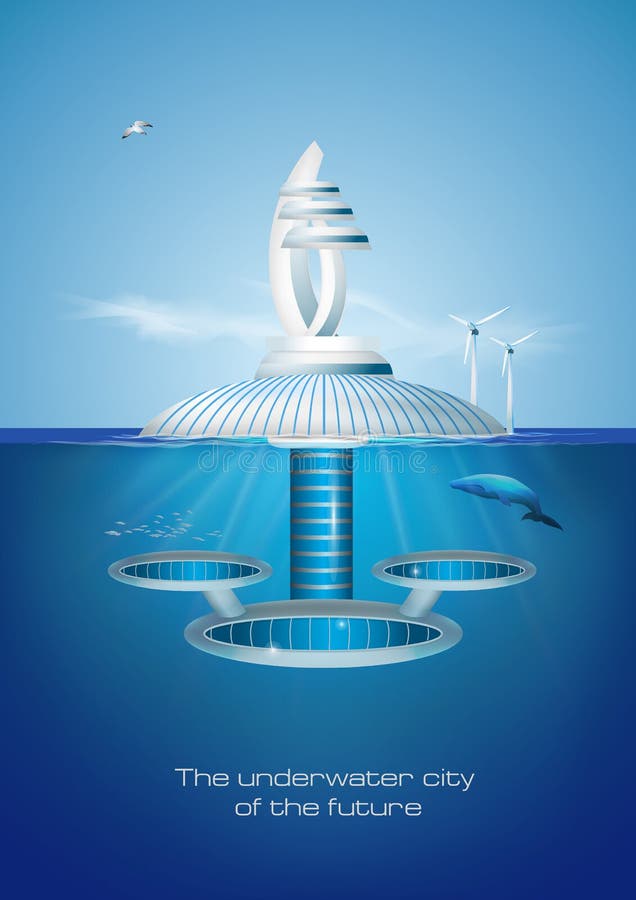 Cidade subaquática amigável de flutuação futurista do eco Iilustration do vetor ilustração do vetor Cidade subaquática amigável de flutuação futurista do eco Iilustration do vetor ilustração do vetor