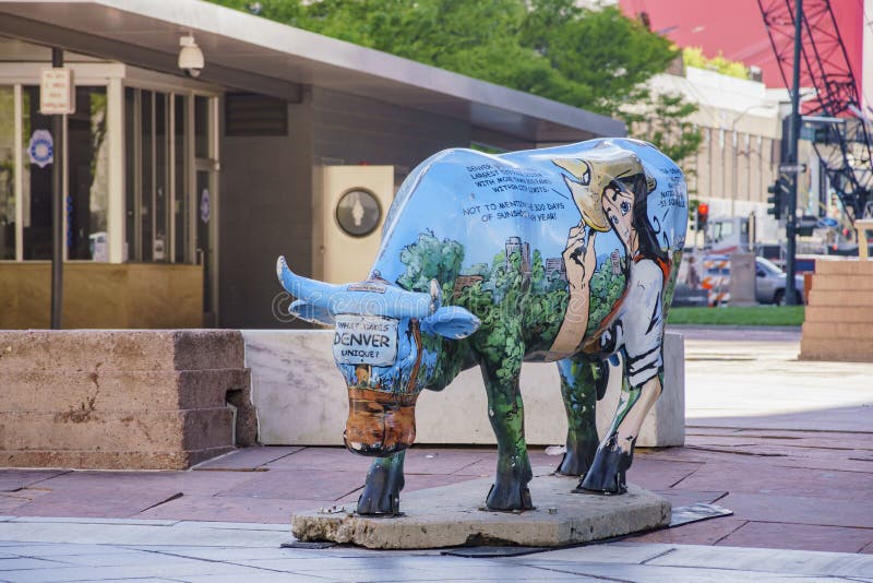 Denver, MAY 3: Interesting blue buffalo in downtown on MAY 3, 2017 at Denver, Colorado. Denver, MAY 3: Interesting blue buffalo in downtown on MAY 3, 2017 at Denver, Colorado