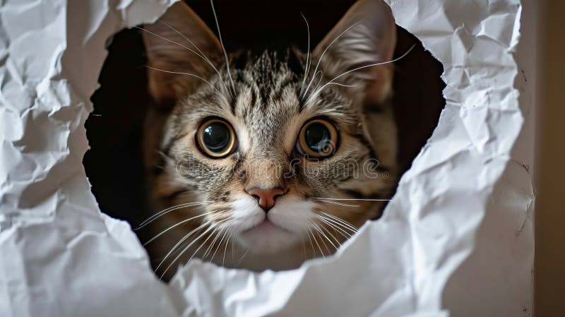 Ciekawy kot zerkający przez dziurę w jasnym białym tle zabawny feline koncepcja ilustracja wektor