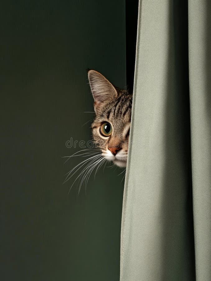 Ciekawy kot zerkający przez zasłony zabawny feline ukryty za zasłonami symbolizuje tajemnicze tajemnice ciekawości ilustracji