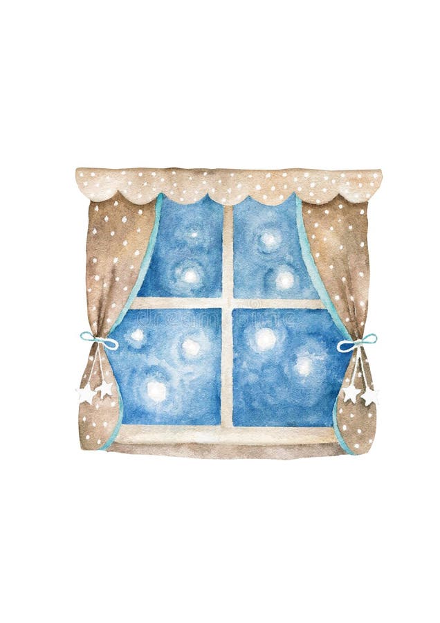 Ciel bleu de fenêtre de nuit mignonne.. Illustration tirée par la main d'aquarelle heure du coucher pour enfants sur le fond blanc illustration stock