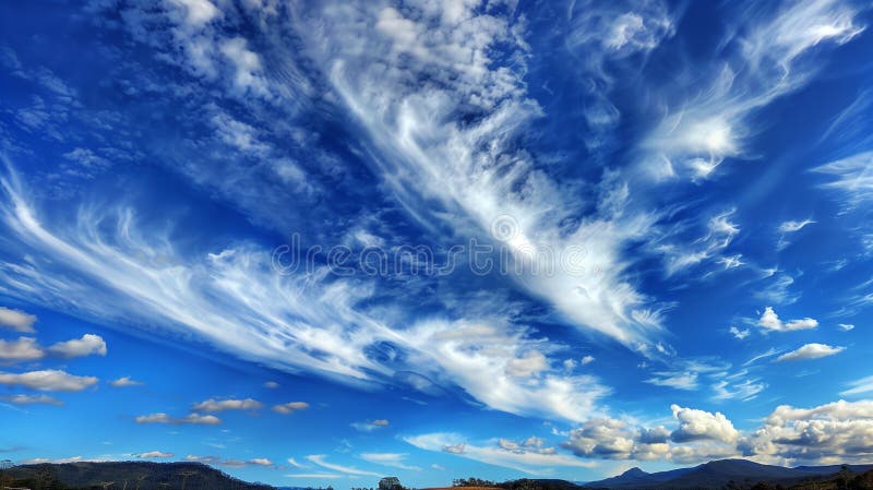 Ciel bleu vif rempli de cirrus nuages sur un paysage lointain. Ciel bleu vif rempli de cirrus nuages sur une vue lointaine du paysage