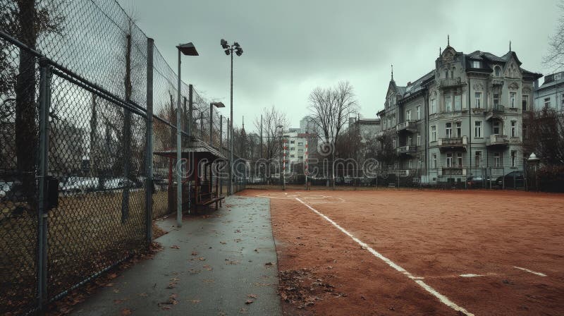 Ciel couvert au-dessus d'un terrain de baseball vide avec une architecture d'époque en arrière-plan illustration stock