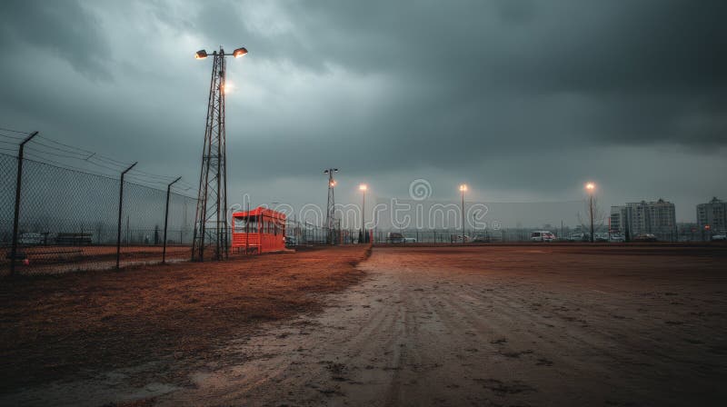 Ciel couvert au-dessus d'un terrain de baseball vide sous des nuages dramatiques et une faible lumière illustration stock
